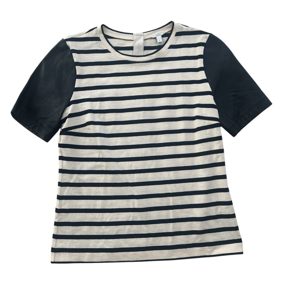 J Crew cream and black striped tee with leather sleeves and zipper at back